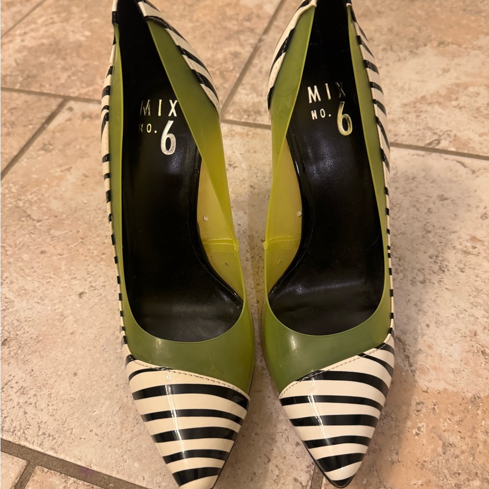 Mix No. 6 Black and White zebra Striped Heels with Green Accent